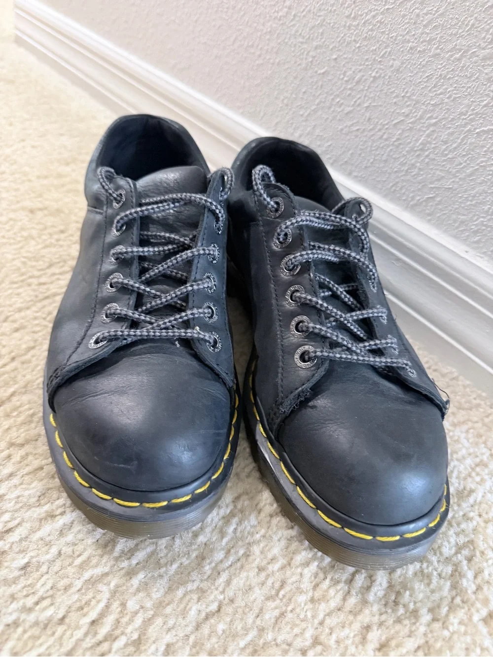 Dr. Martens Black Leather Low-Top Lace-Up Shoes with Yellow Stitching